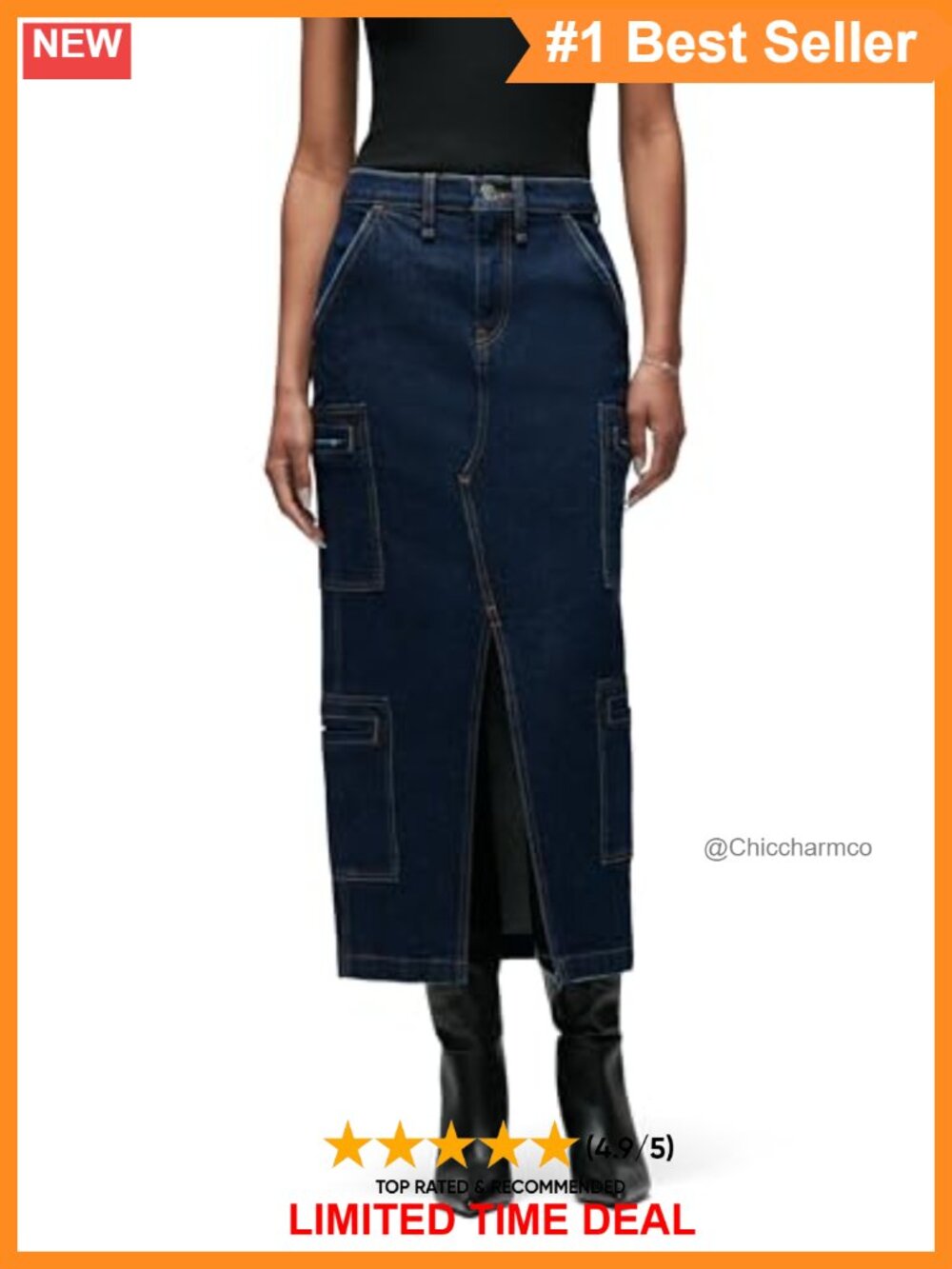 Women's Reconstructed Midi Denim Skirt High Rise Slit Italian Comfort Stretch